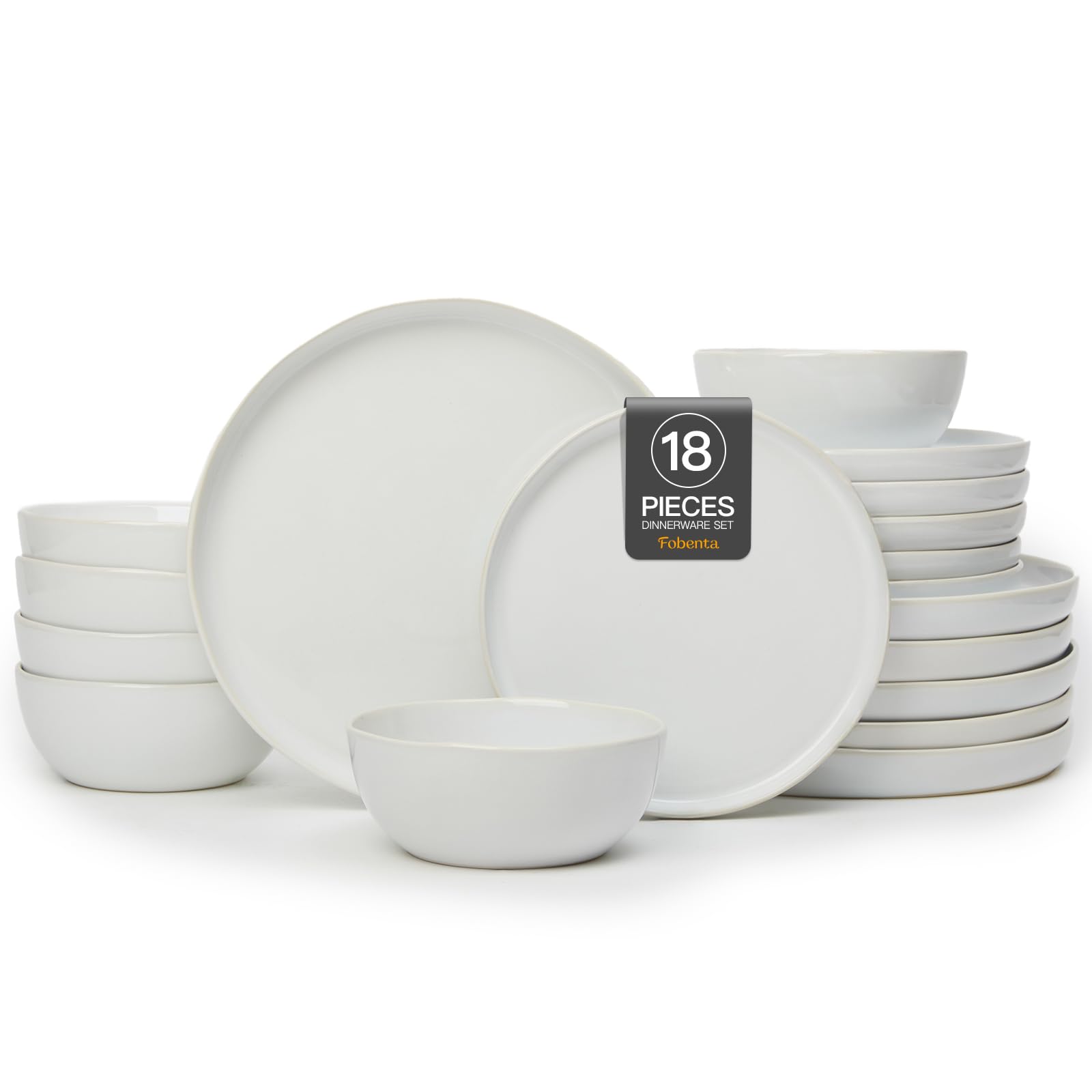 FOBENTA 18-Piece Fog White Ceramic Plates and Bowls Set,Minimalist Dinnerware Sets for 6 - Artful Dish Set for Serene Dining & E