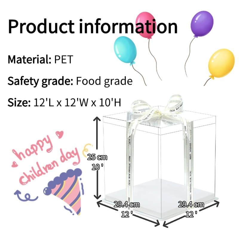 5 Pcs, 12x12x11 inch Food Grade Clear Plastic Display Boxes, 29.4 x 29.4 x 25 cm with Ribbon, for Cakes, Bakeries, Desserts,
