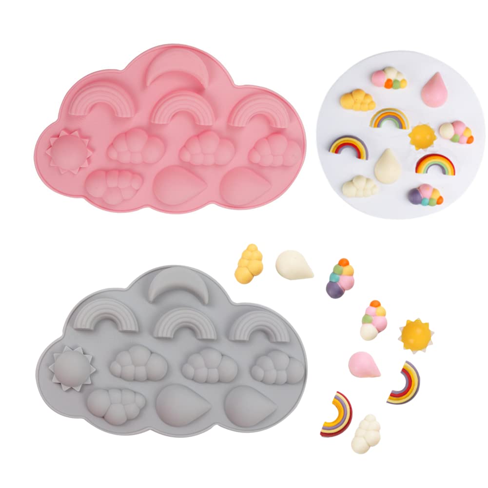 Xmox 2 Pcs 3D Cloud Sun Rainbow Raindrop Weather Theme Silicone Mold Cake Border Fondant Molds Cake Decorating Tools Chocolate,