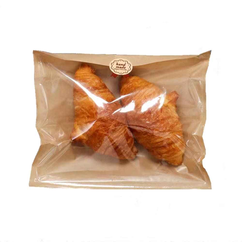 Nanaiche Kraft Bread Bag Bakery Bags with Window Toast bag Toast Paper Bag Kraft Bread Bag with Front Window Label Seal Sticker 