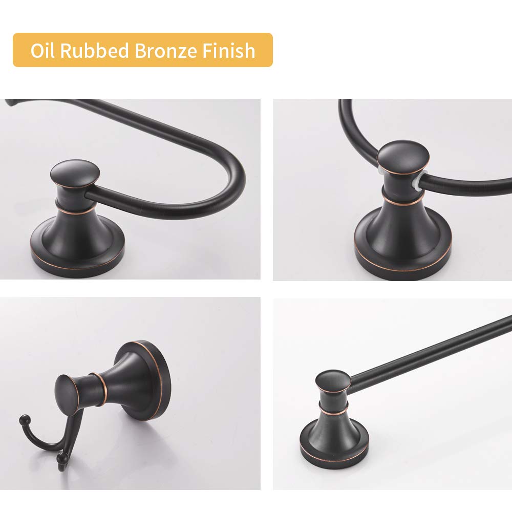 BESy Oil Rubbed Bronze 4 Piece Bathroom Accessories Set (Single Towel Bar  Towel Ring  Toilet Paper Holder  Double Towel Hooks)  Wall Mounted Bath Hardware Accessory Fixtures Set
