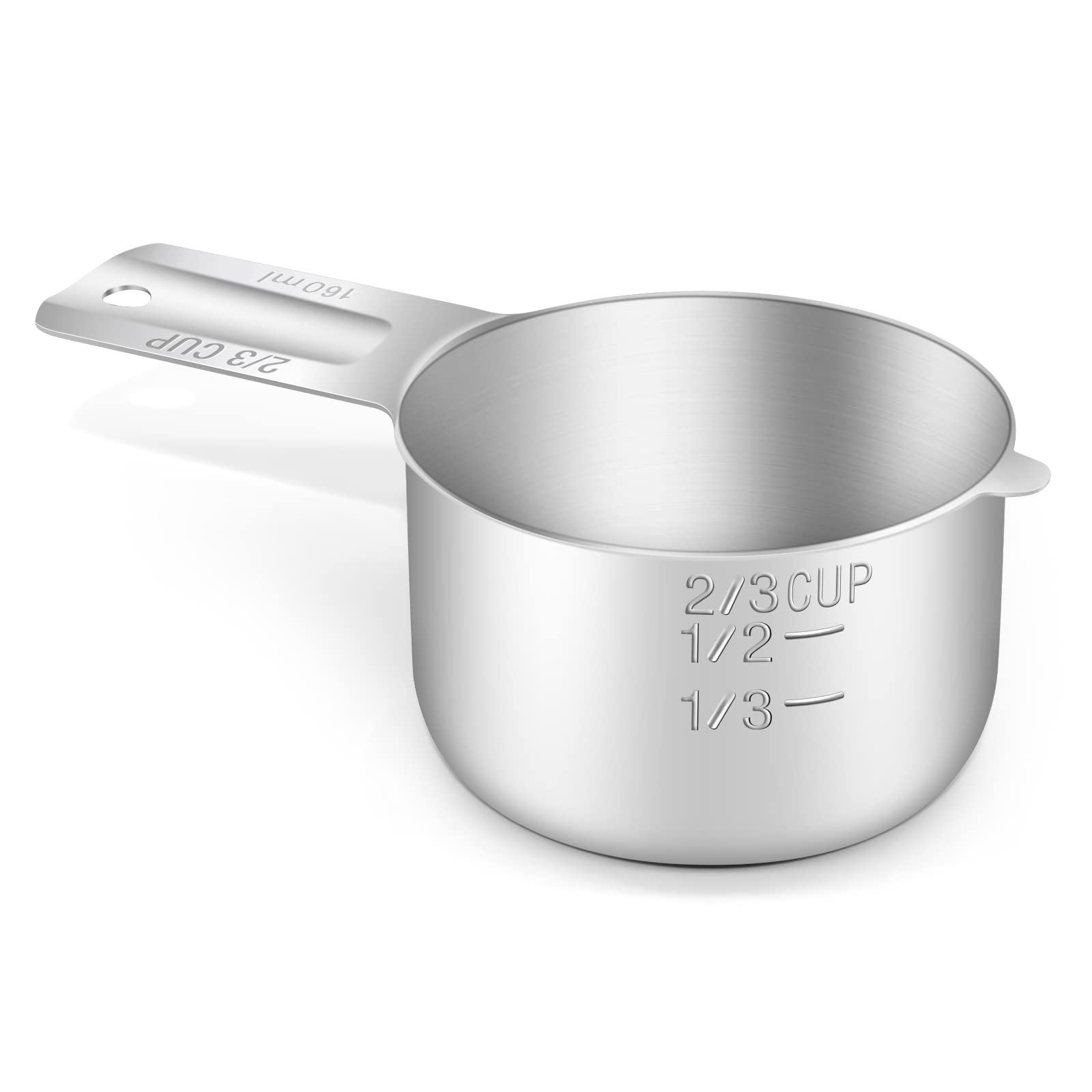 BERYLER 1PCS 2/3Cup (160ml, 5.3oz) Single Measuring Cup, Stainless Steel Measure Scoop, Metric and US Measurement, Dishwasher Sa