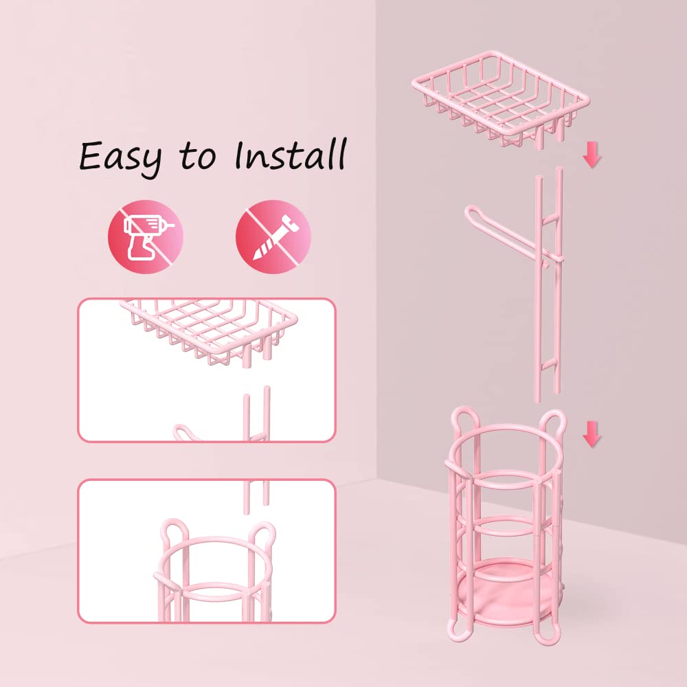 Pink Toilet Paper Holder Stand Tissue Holder for Bathroom Floor Standing Toilet Roll Dispenser Storage 4 Reserve Mega Rolls  Phone  Wipes