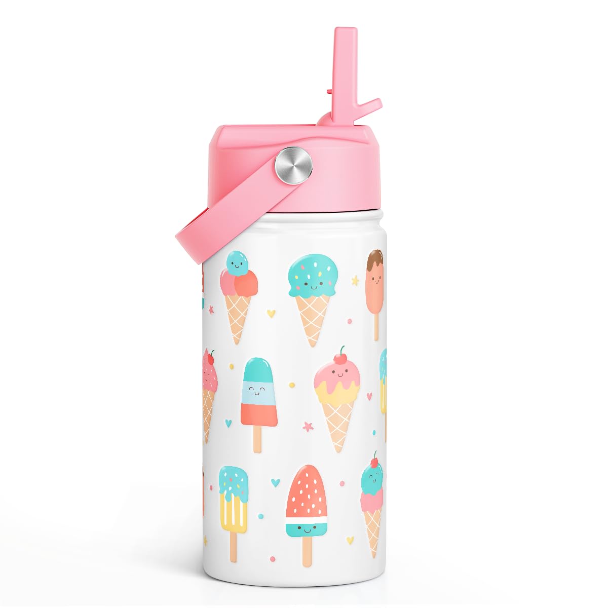 Ice Cream Kids Water Bottle With Straw Lid 12oz Insulated Stainless Steel, Travel Tumbler, Gifts For Girls, Birthday, Christmas,