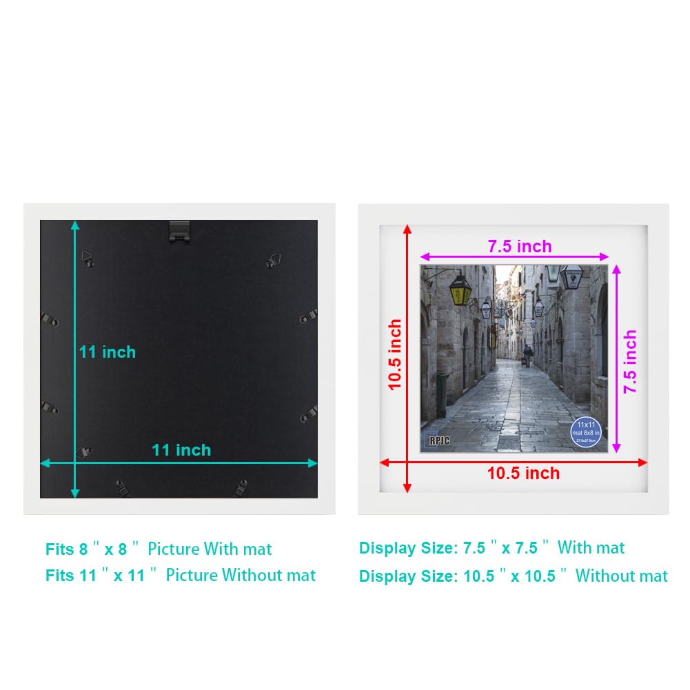 RPJC 11x11 inch Picture Frame Made of Solid Wood and High Definition Glass Display Pictures 8x8 with Mat or 11x11 Without Mat fo