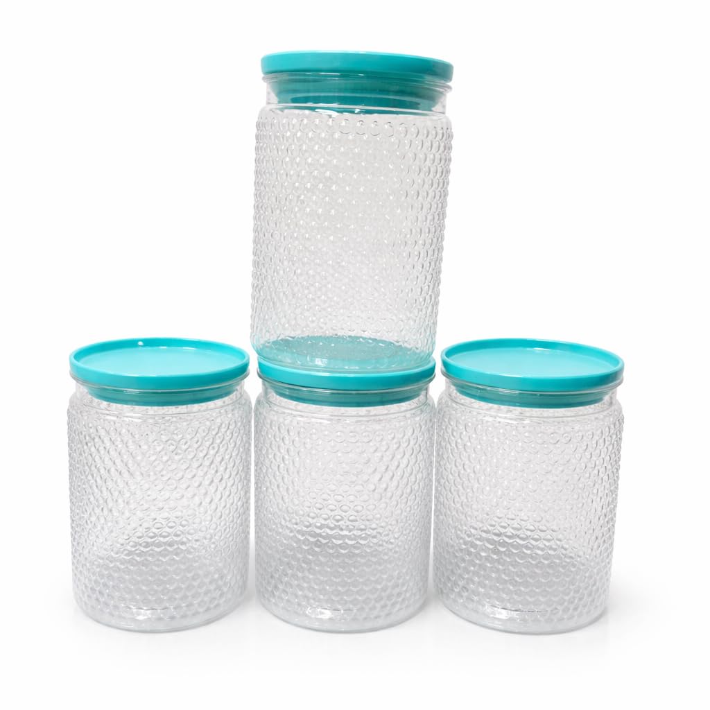 TinumS Set Of 4 Transparent Airtight Storage Jars With Textured Bubble Design & LeakProof Lids | MultiPurpose Kitchen Containe