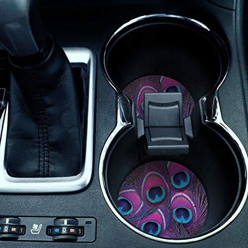 Caribou Coasters , Purple Peacock Feather Design Absorbent Round Fabric Felt Neoprene Car Coasters For Drinks, 2Pcs Set