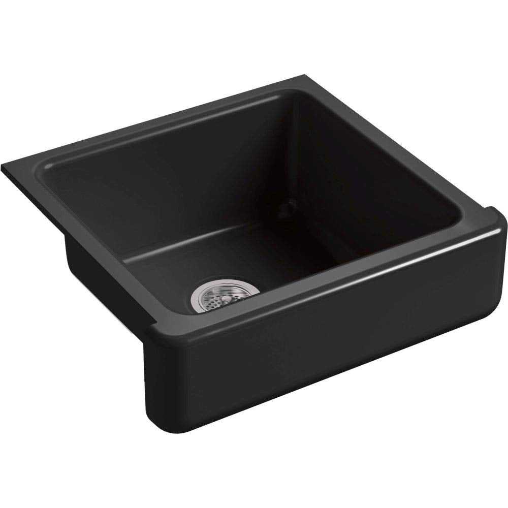 KOHLER Whitehaven Farmhouse Self-Trimming Apron Front Cast Iron Sink, Single Bowl with Short Apron, 24 Inch, Black