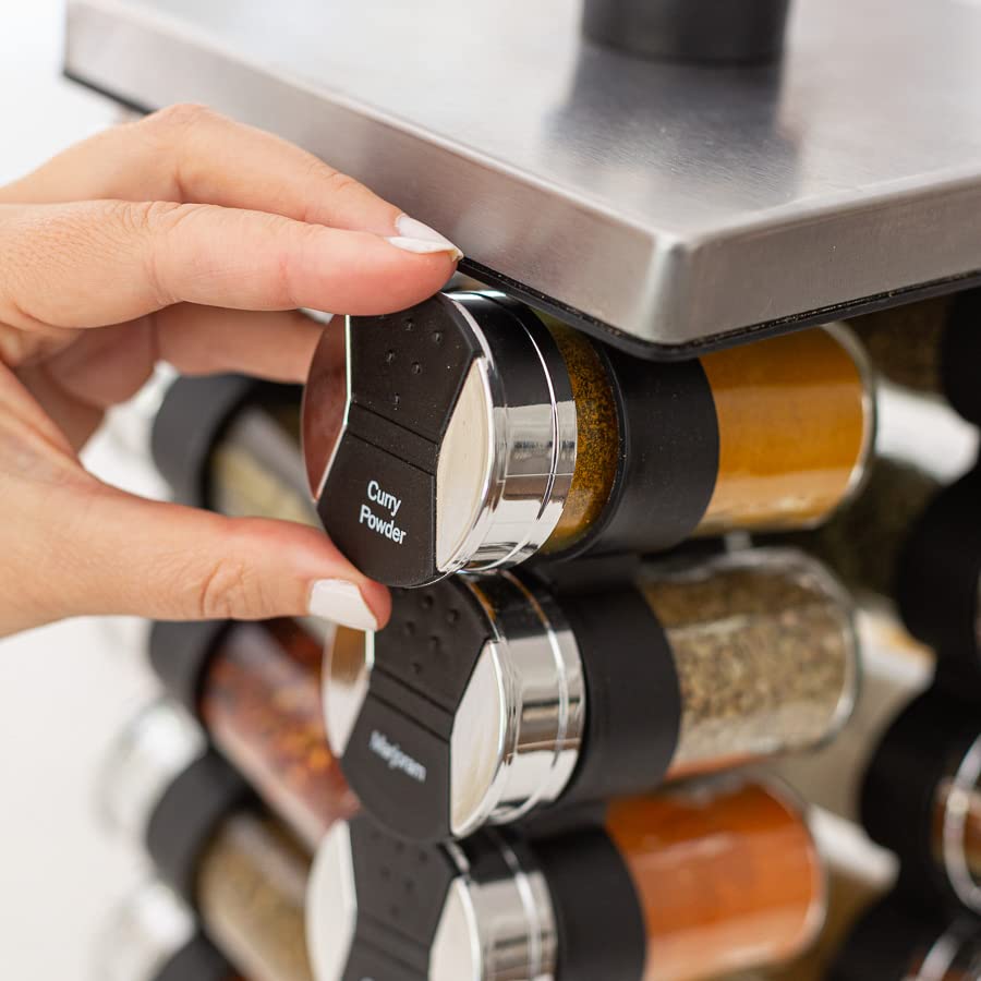 Orii 20 Jar Spice Rack with Spices Included - Tower Organizer for Kitchen Spices and Seasonings  Free Spice Refills for 5 Years (Silver Black)