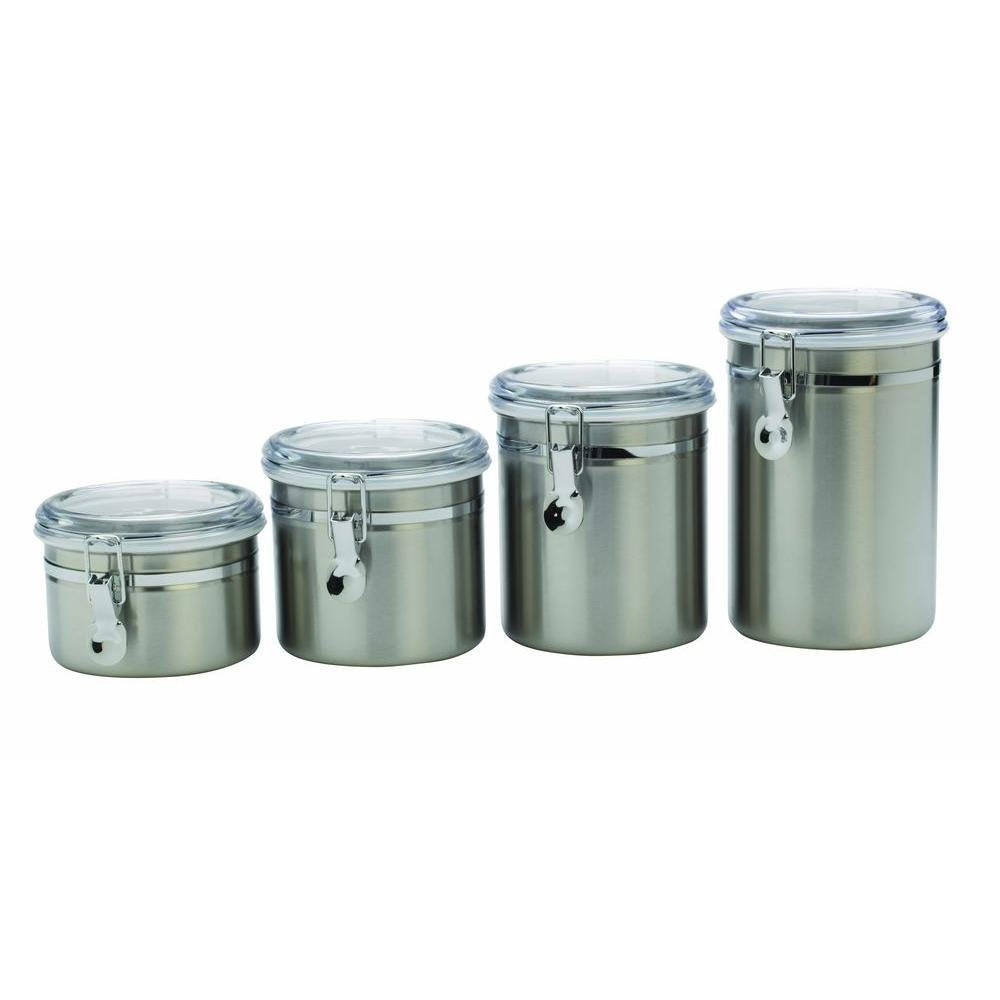 Anchor Hocking Round Stainless Steel Canister Set With Clear Acrylic Lid And Locking Clamp, 4-Piece Set - 24954