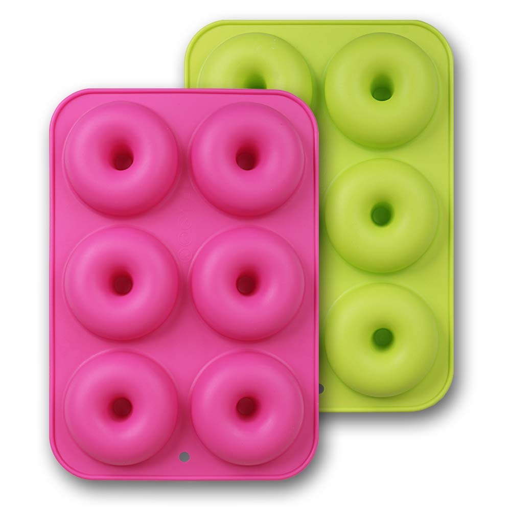 Homedge Silicone Donut Molds, 2-Pack Of Non-Stick Food Grade Silicone Pans For Doughnut Baking - Green And Pink