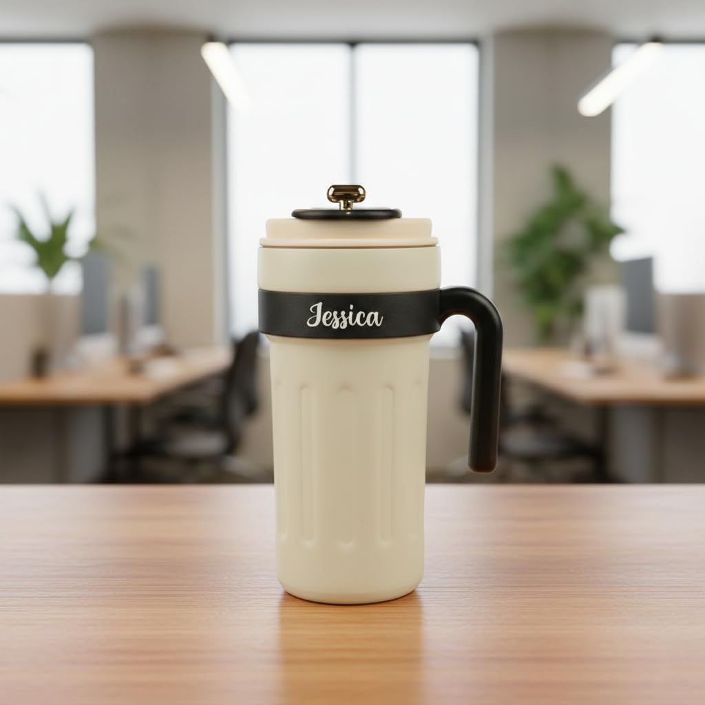 THE BLING GLOBAL Personalised Travel Mug with Name, Custom Name Printed Coffee Mug with Handle & Lid, Reusable LeakResistant Mu
