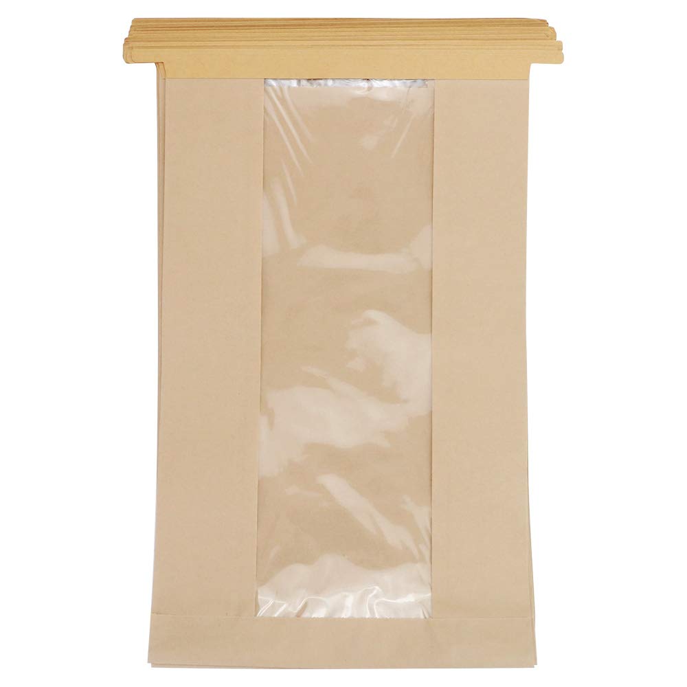 Twdrer 50 Pack Large Kraft Paper Bread Loaf Bag With Clear Front Window,Tin Tie Tab Lock Brown Bakery Coffee Cookie Treat Packag