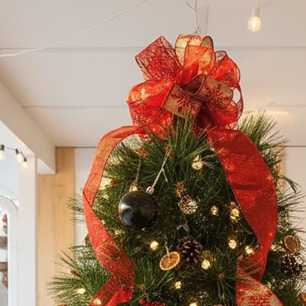 CT CRAFT LLC Red Snowflake Christmas Tree Topper Bow 11 with 4 Ribbon Streamers x 3 Yards Long Each for Holidy Elegant Fancy Hom