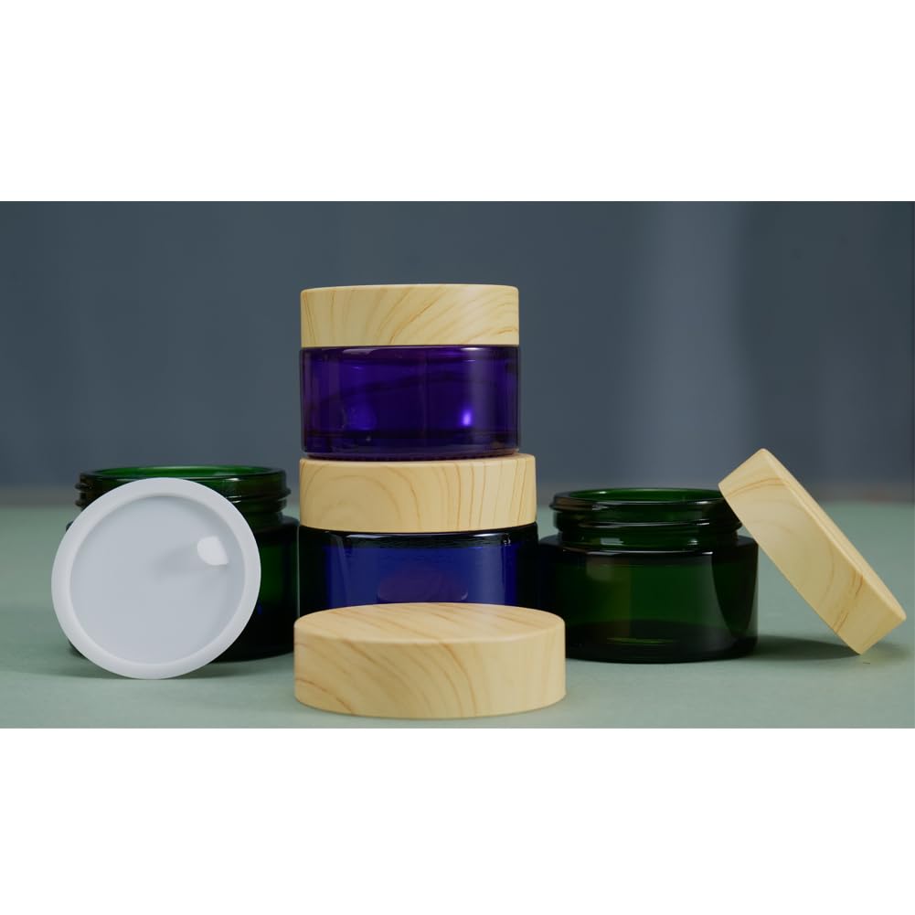 4Pack 50G Green Glass Cosmetic Cream Jars,Empty Sample Jars Containers Pot With Wood Grain Lids For Lotion,Cream,Lip Balm,Eye Cr
