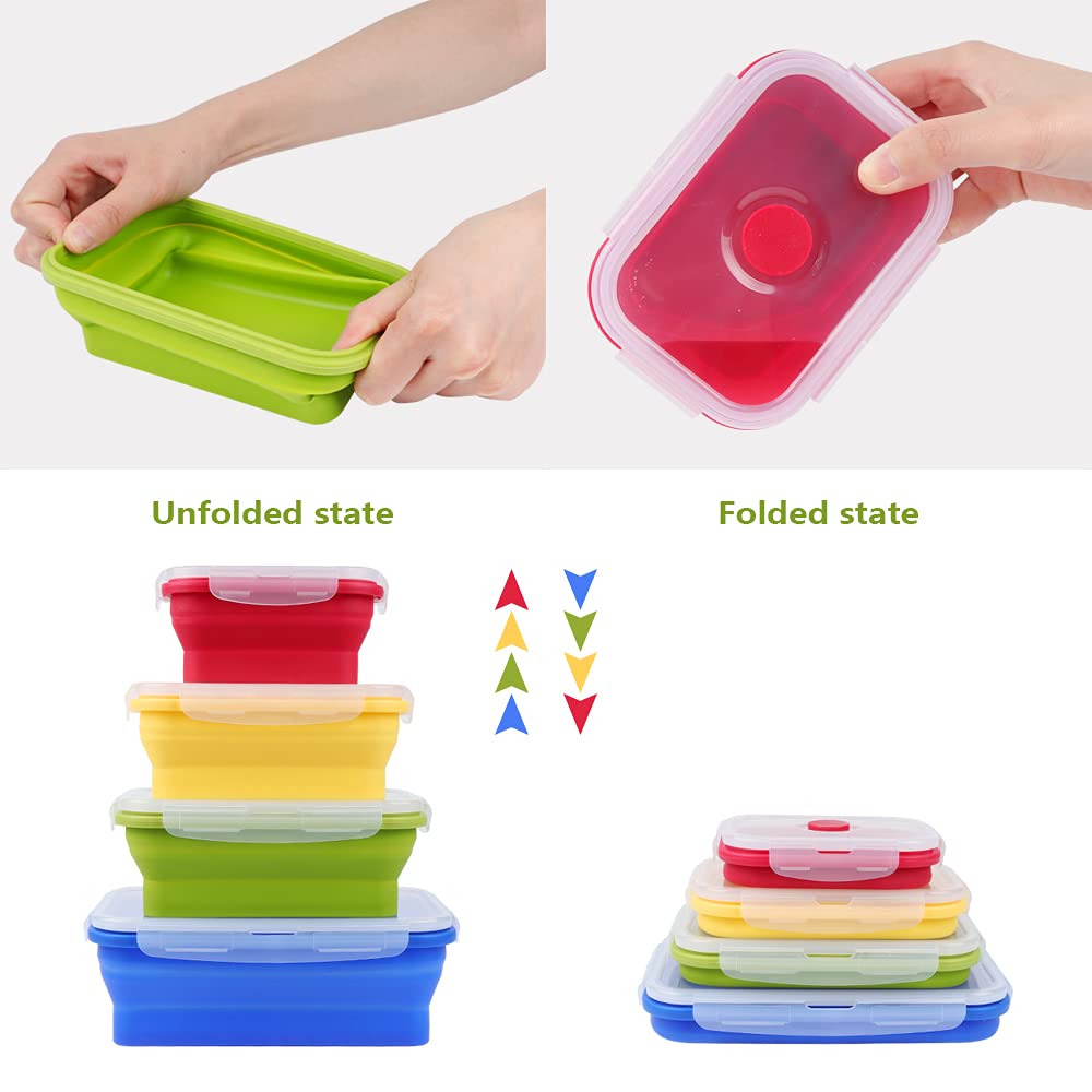 Vigind Set Of 4 Collapsible Foldable Silicone Food Storage Container, Leftover Meal Box With Airtight Plastic Lids For Kitchen,