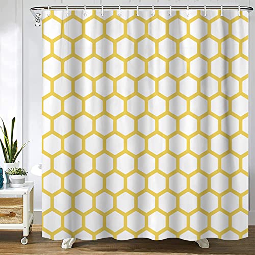 Spxubz Yellow And White Hexagonal Pattern Honeycomb Beehive Simplistic Geometrical Monochrome Yellow White Shower Curtain Waterp