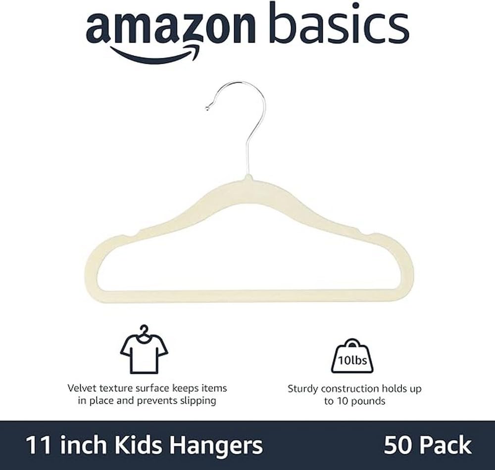 Amazon Basics Kids Velvet, Non-Slip Clothes Hangers For Infant And Toddler, 11.6 Inches (For Baby Clothes), Pack Of 50, Beige