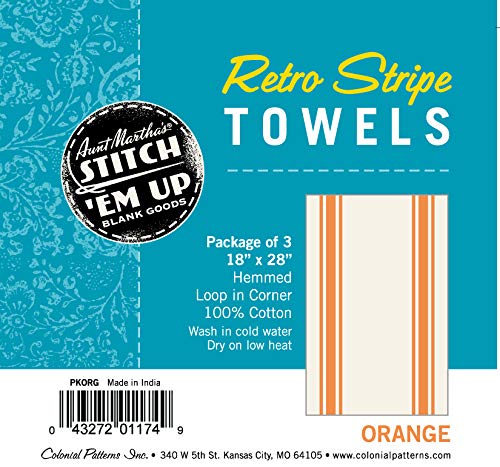 Aunt Martha'S Stitch 'Em Up Vintage Box Stripe Towels, 18 By 28-Inch, Orange On Natural, 3-Pack