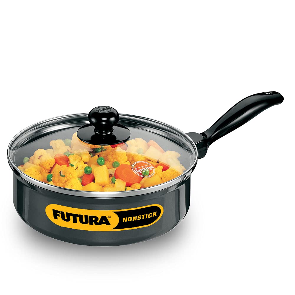 Hawkins Futura Nonstick Curry Pan (Saute Pan) 2 L, 20 cm, 3.25 mm with Glass Lid (Black)