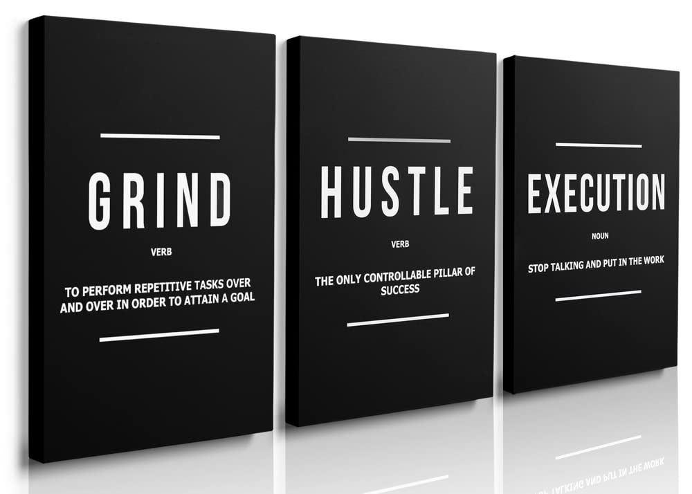 Gubiyu Hustle Grind Execution Wall Art Set Of 3 Framed Canvas Black Motiviational Wall Art Home Office Wall Decor Inspirational