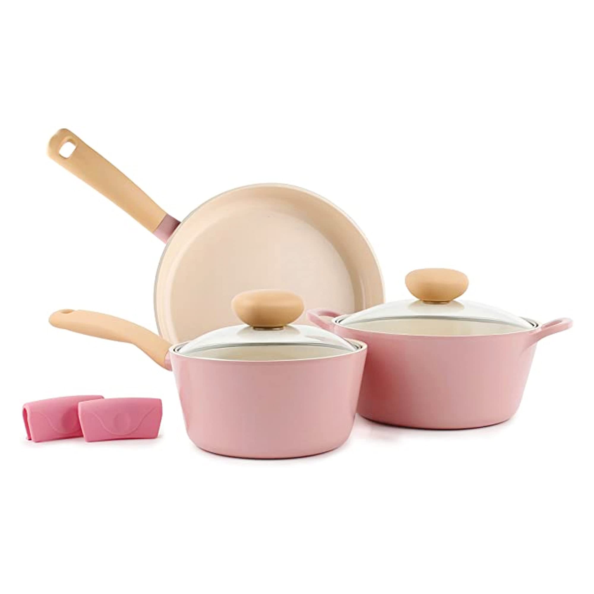 Neoflam Retro 5Piece Ceramic Nonstick Cookware Set, PFOA Free Pots and Pans with Integrated Steam Vent Lid knob prevents boil o
