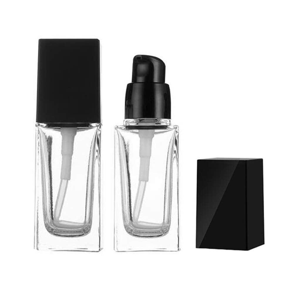 Quupy 2Pcs 30Ml/1Oz Empty Clear Square Glass Emulsion Essence Bottle With Black Pump Head Cosmetic Foundation Travel Vials Conta