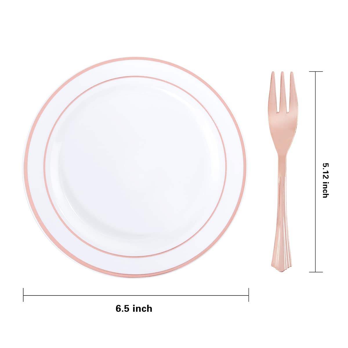 Wellife 240 Pieces Rose Gold Plastic Dessert Plates With Disposable Forks, Includes 120 Pcs Appetizers Plates 6.5 Inch, 120 Pcs