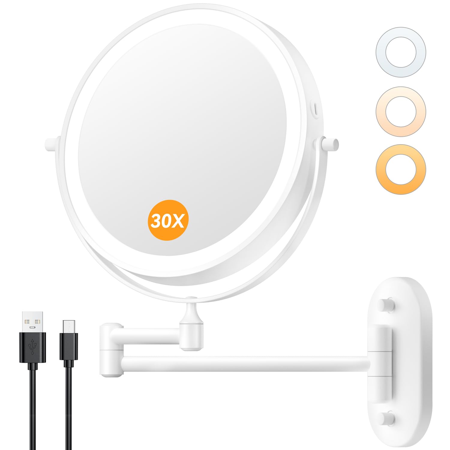 Auxmir 1X/30X Wall Mounted Makeup Mirror with Light, 8  Rechargeable Double-Sided Magnifying Mirror, Vanity Mirror Dimmable 3 Co