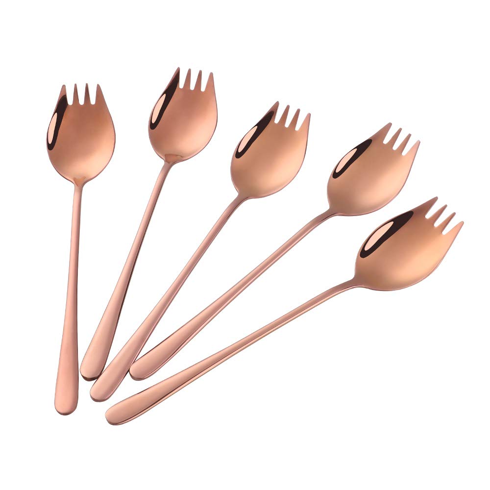 Buyer Star Rose Gold Sporks 2 In 1 Spoons Forks 5 Pieces Stainless Steel Reusable Metal Korean Soup Dinner Spoons Camping Flatwa