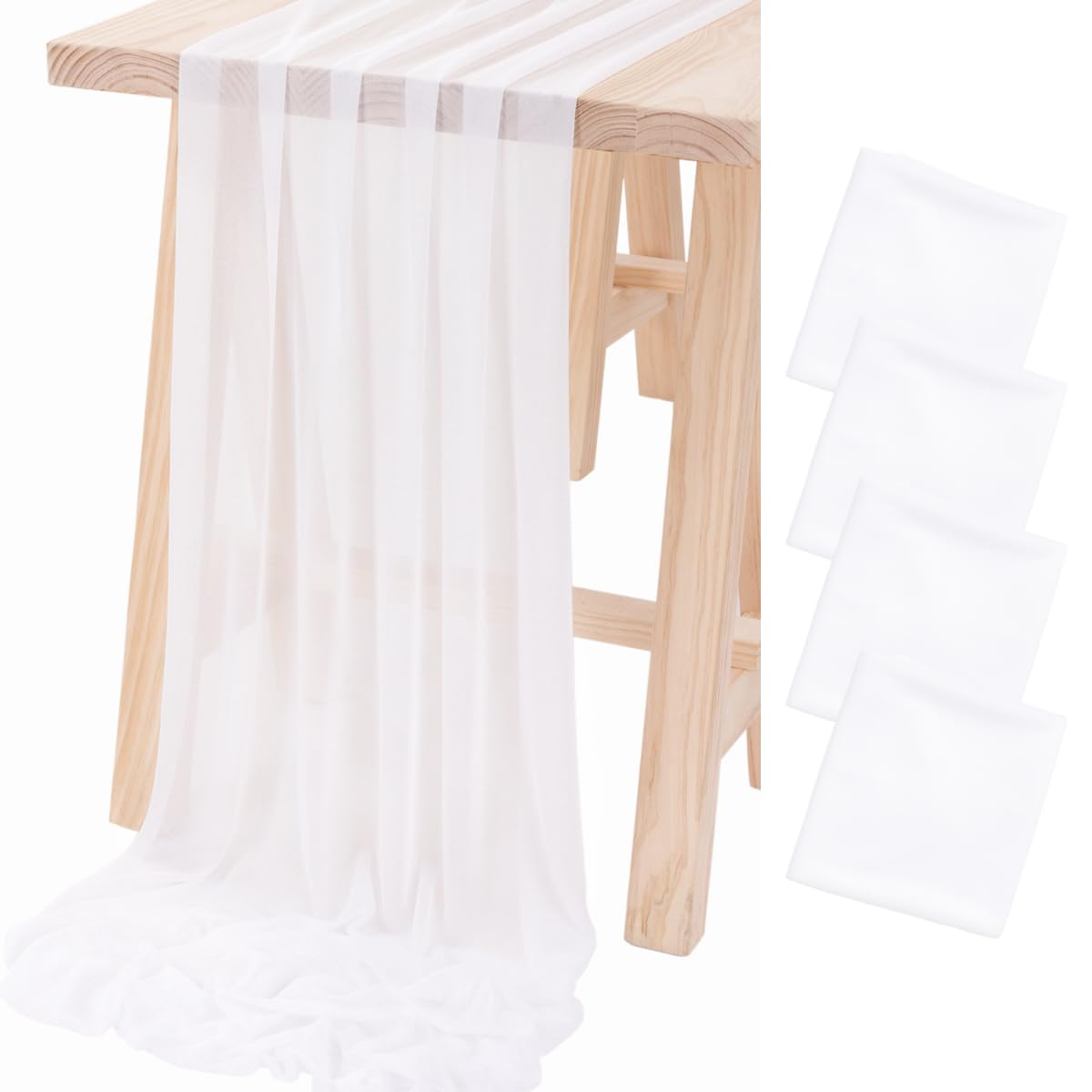 Socomi 4pcs White Gauze Table Runner Chiffon Like Wedding Table Runner 120 inches Long Boho Rustic for Bridal Shower Decorations