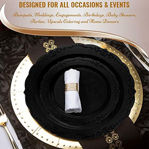 Kaya Elegant Black Vintage Rim Round Plastic Disposable Dinner Plates (Pack Of 10) - Stylish Design, Perfect For Weddings, Parti