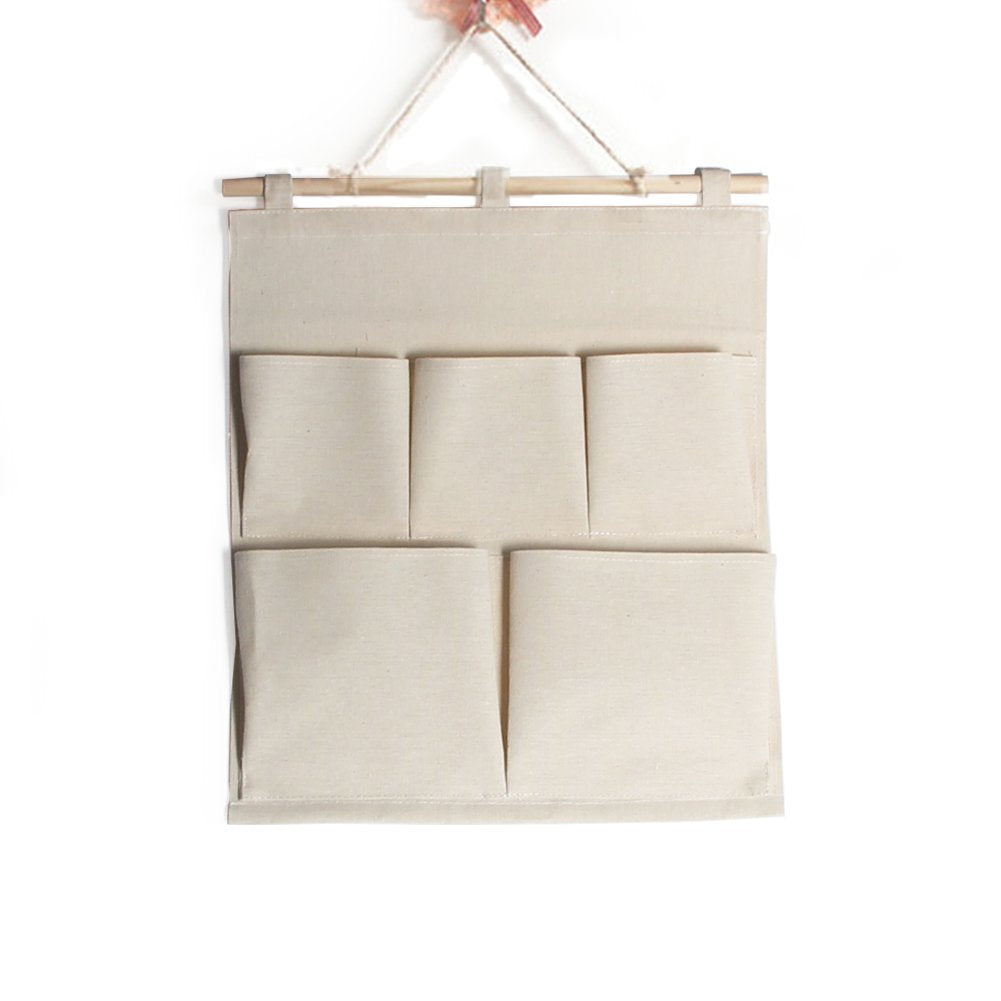 Co-Link Linen/Cotton Fabric 5 Pockets Wall Door Closet Hanging Storage Bag Organizer,13.8'' Wx 17.7'' H (5 Pockets-Beige White)