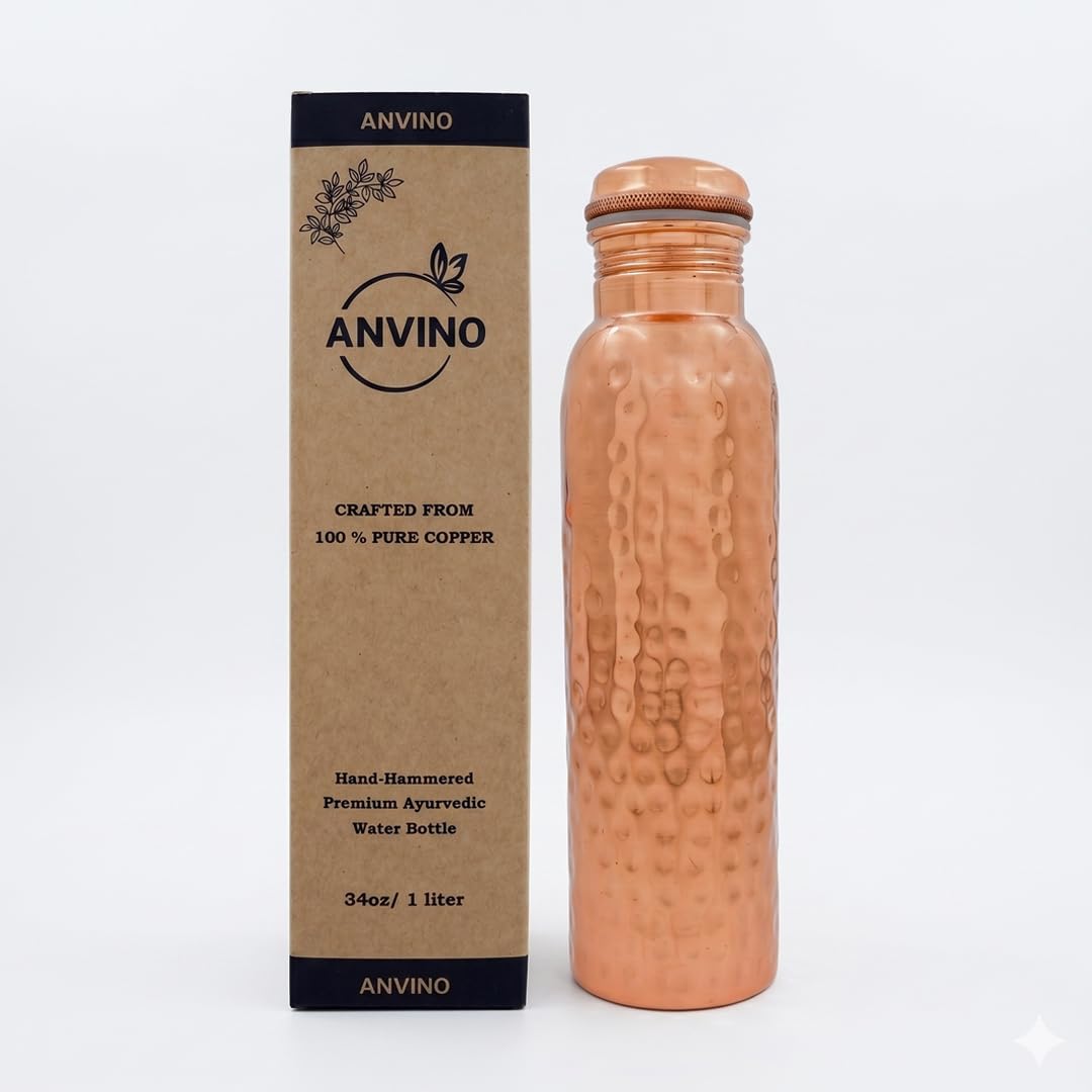 ANVINO Copper Water Bottle 33.8 fl oz, HandHammered Pure Copper Drinking Bottle with LeakProof Screw Cap, Reusable Flask for H