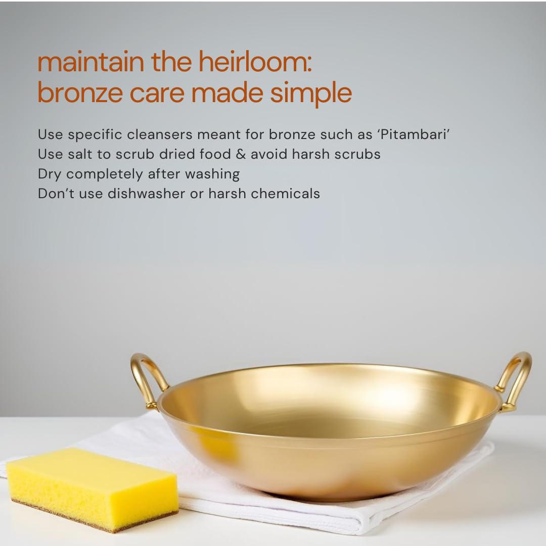 NUTRION Pure Bronze Kadai 4.5 Litre Traditional Indian Cooking Pot with Health-Boosting Properties/Free of Toxins-30 cm