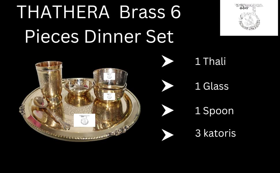 THATHERA Handmade Traditional Brass Thali Utensils Set Cooking, Serving, and Eating Food (Set of 6) Gold Color