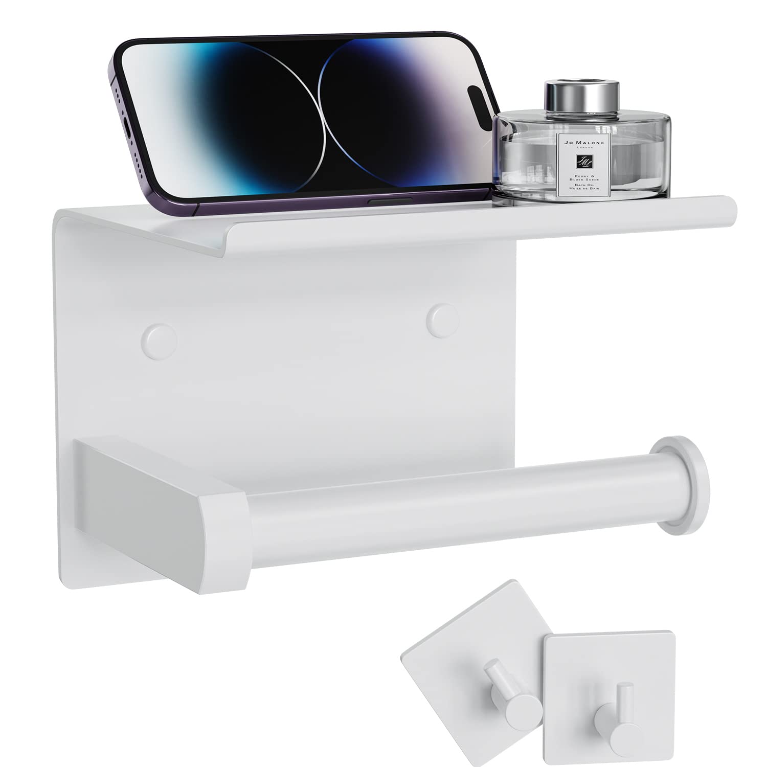 Tindbea Toilet Paper Holder With Phone Shelf + Towel Robe Hooks, Adhesive Or Screw Wall Mounted Toilet Paper Roll Storage Dispen