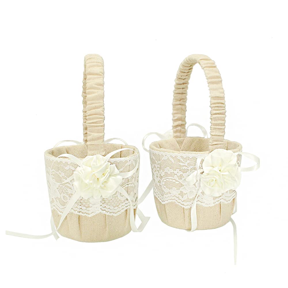 Frlal 2Pcs Three Ivroy Flowers Wedding Flower Baskets Linen Party Favor