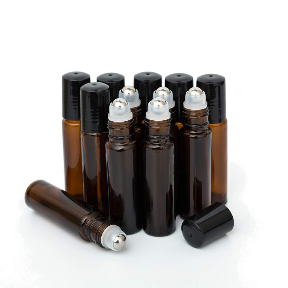 Zejia 10Ml Roller Bottles 12Pack Amber Thick Glass Essential Oil Roller Bottles Stainless Steel Roller Ball With 2 Droppers
