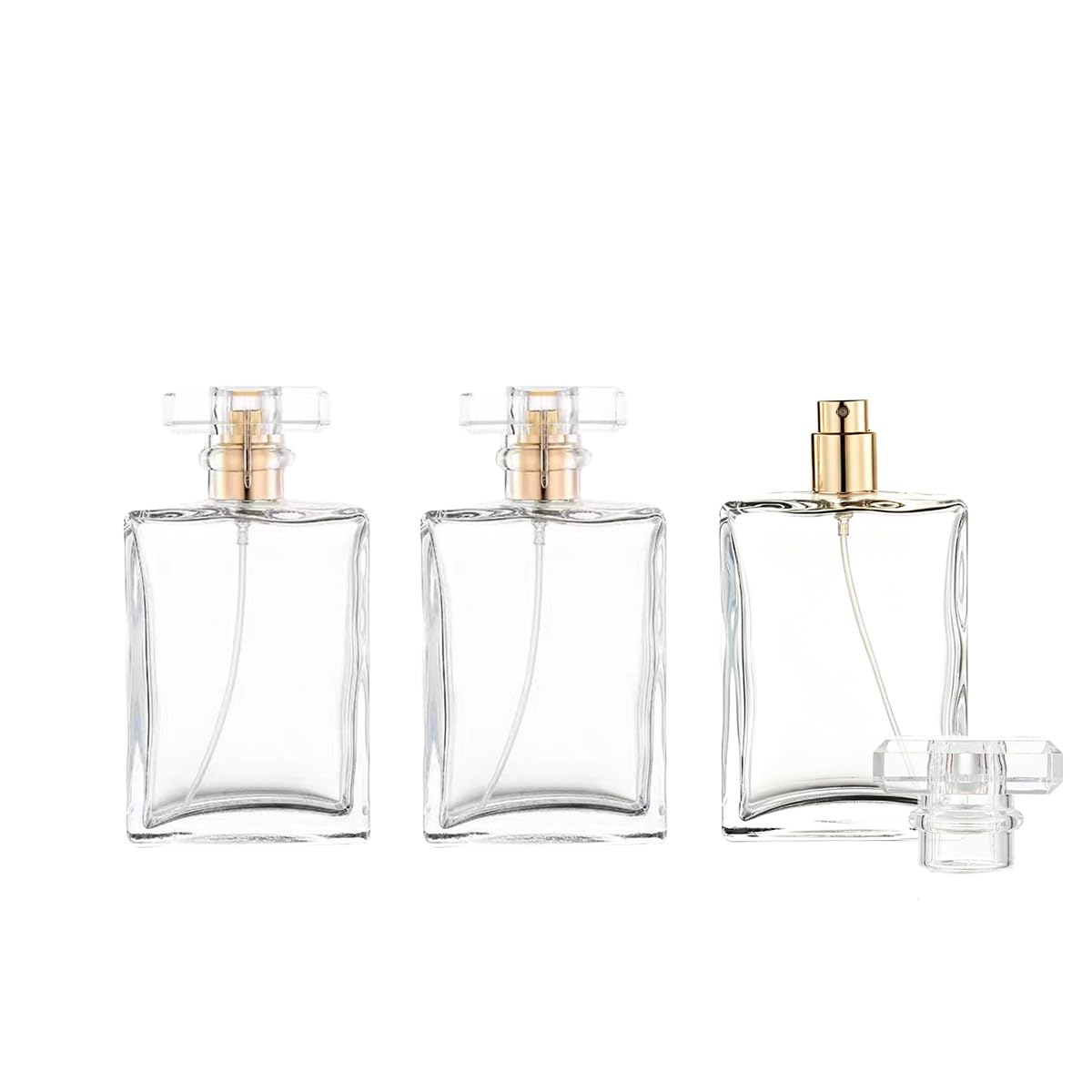 Rowcay 3Pcs 30ml Empty Perfume Bottles, Glass, Square Clear, Gold Sprayers