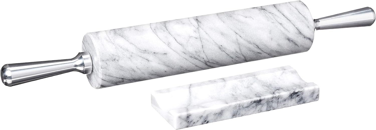 Fox Run 8648 Marble Rolling Pin And Base, 2.5 X 17.5 X 3 Inches, White, Aluminum Handles