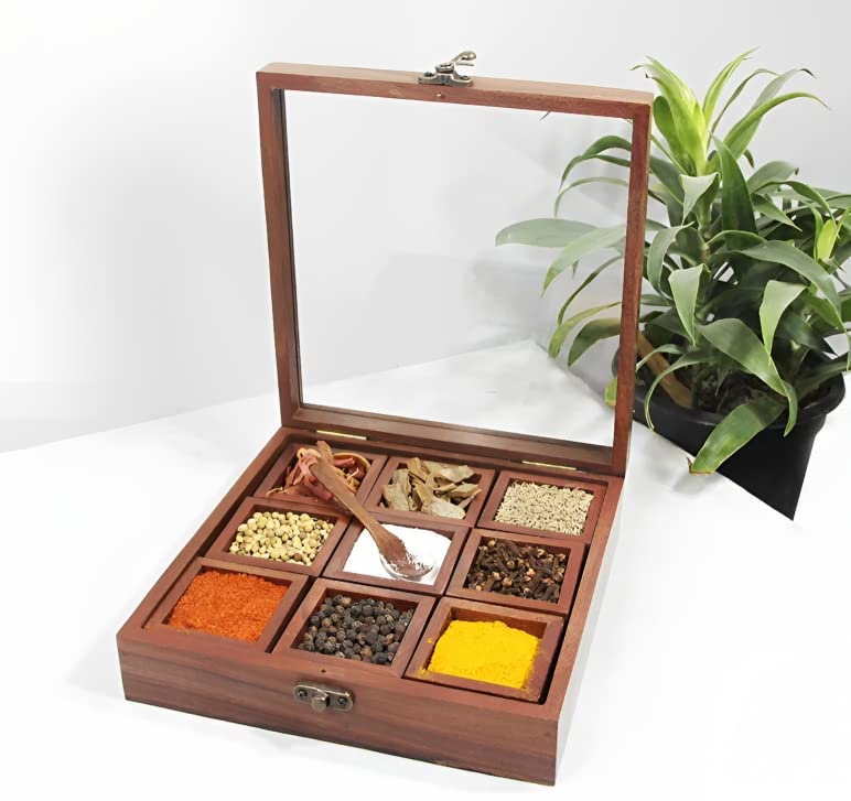 Iblay Handicraft Brown Designer Wooden Spice Box Kitchen & Dining Great 9 Spices Storage Boxes 8 X 8 X 2 Inch