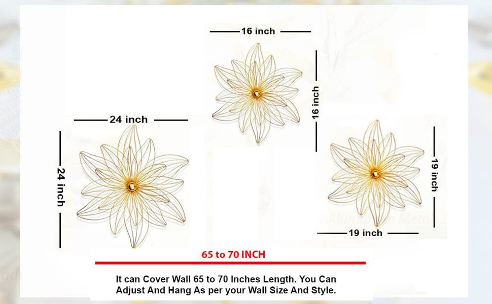 Zove Metal Set Of 3 Pieces Golden Flowers Wall Art Hanging Perfect For Home, Hotel, Restaurant, Living Room Decoration (24 X 24