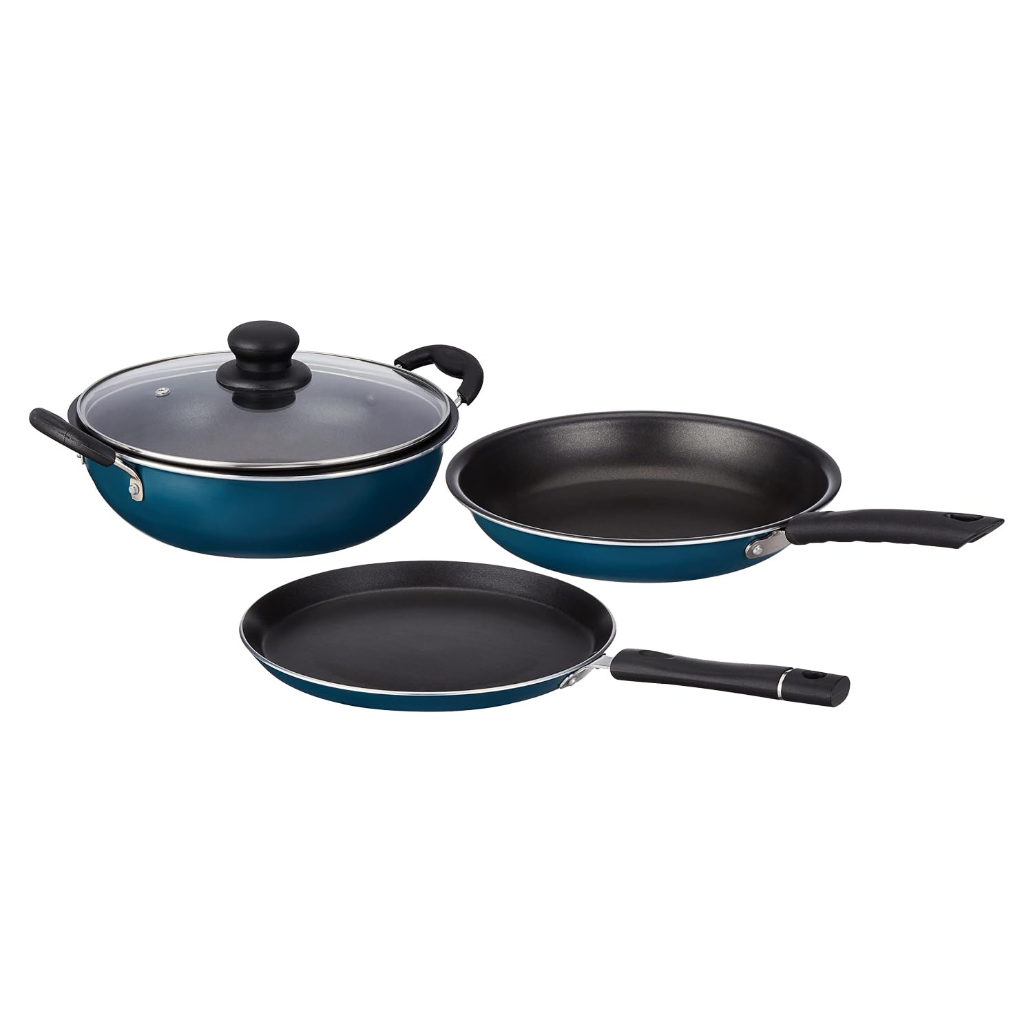Amazon Brand - Solimo Aluminium - 3 Pcs Non Stick Cookware Sets, Tawa 25 Cm, Kadhai 24 Cm With Glass Lid, Fry Pan 24 Cm (Peacock