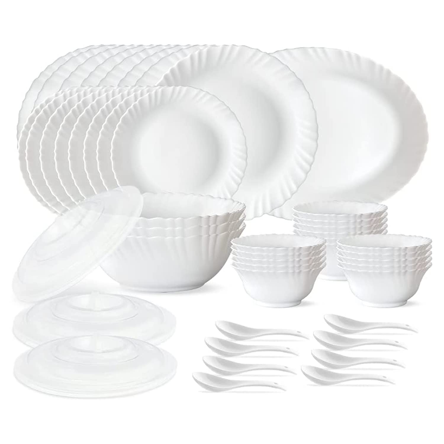 Larah By Borosil Plain White Silk Series Opalware Dinner Set | 47 Pieces For Family Of 8 | Microwave & Dishwasher Safe | Bone-As