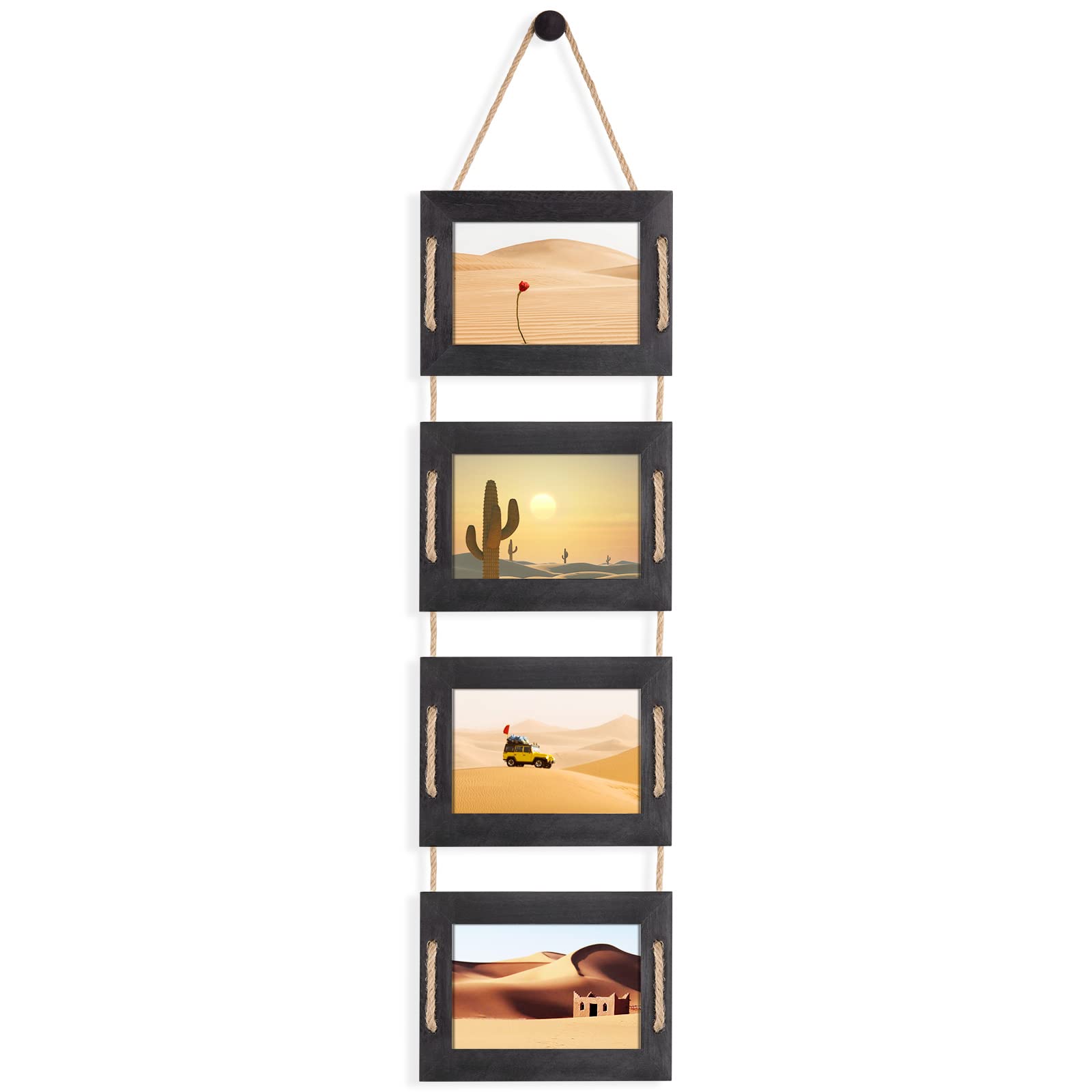 DLQuarts 4x6 Hanging Collage Picture Frames Wall Decor, 4-Opening 4x6 Photo without Mat Rustic Wood Frame with Hemp Rope, 1 Pack