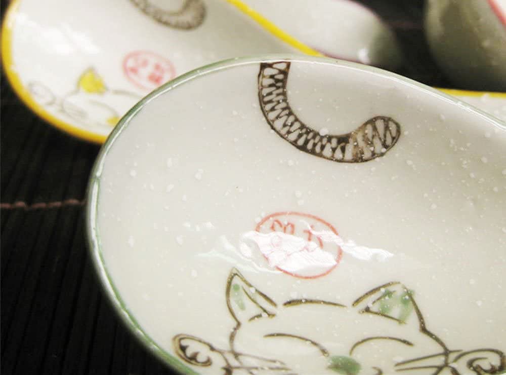 Mozacona 5Pcs Ceramic Soup Spoons Lucky Cat Hand Painted Dessert Spoons