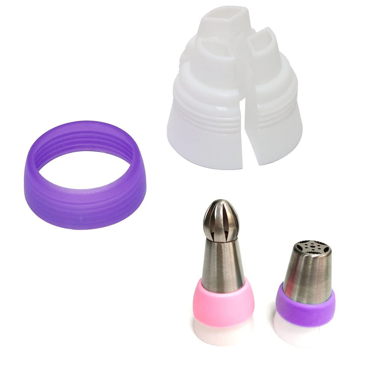 Dghaop 4Pcs Russian 3 Color Nozzle Converter Coupler Icing Nozzles Pink + Purple Single Hole/Three Holes Icing Cake Decor Tools