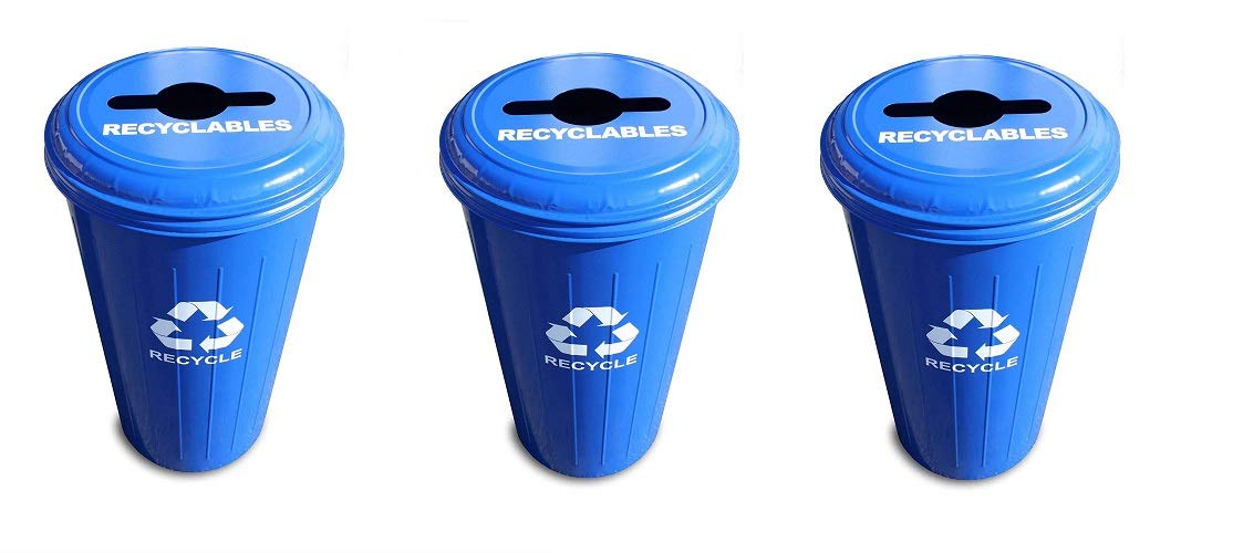 Witt Industries Steel 20-Gallon Recycling Trash Can with Combination Top  Legend ''Recyclables  Recycle''  Round  Dark Blue (Pack of 3)