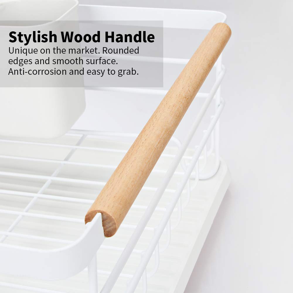 Attom Tech Home Modern Wood Handle Dish Rack And Drain Board, 16.5'' X 12'' X 5.5'' Kitchen Plate Cup Dish Drying Rack Tray Cutl